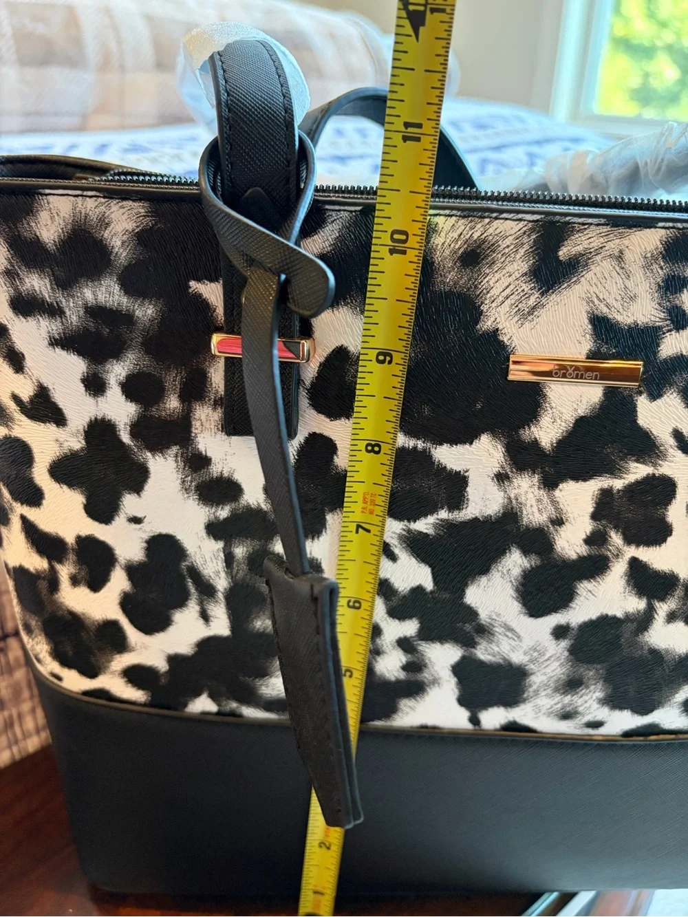 Black & White Cowprint Tote Bag with Black Trim